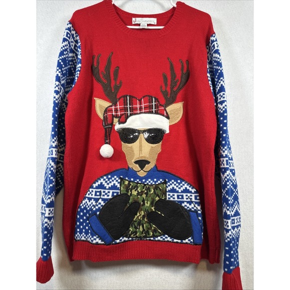 Jolly Christmas Ugly Christmas Knit Sweater Size Large Hunter Holiday Deer - Picture 1 of 6